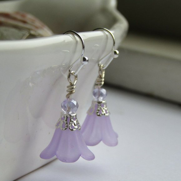 LUCITE FLOWER Earrings PURPLE Dangle Silver Plated - Picture 2 of 5